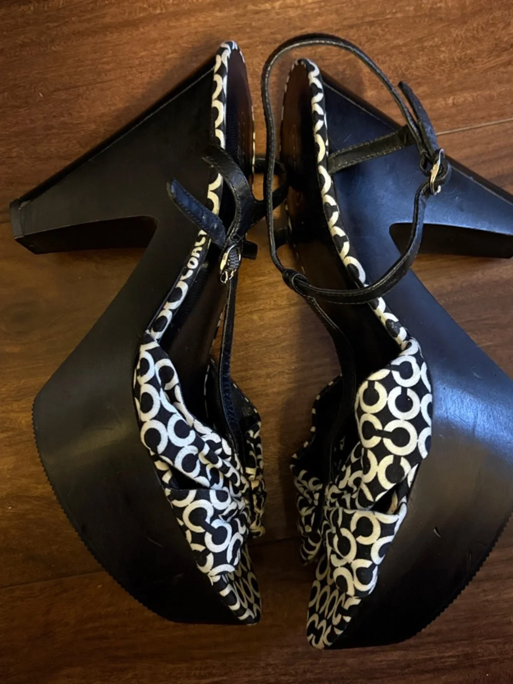 Coach Black & White Signature Platform T-Strap Sandals